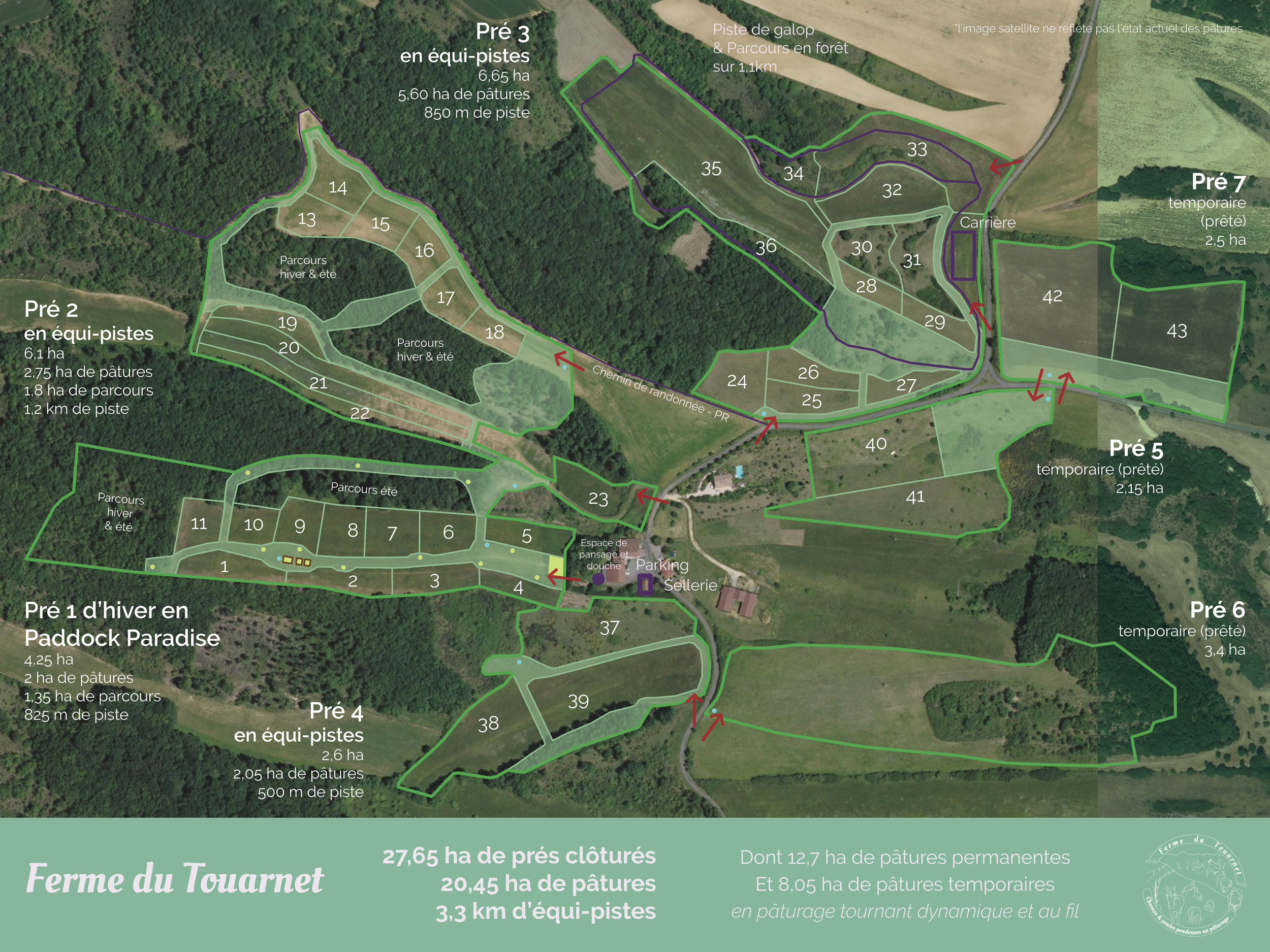 Plan-pension-equipiste-gers Plan de la ferme du Touarnet sur plus de 25 hectares avec 7 prés et 4 équipistes