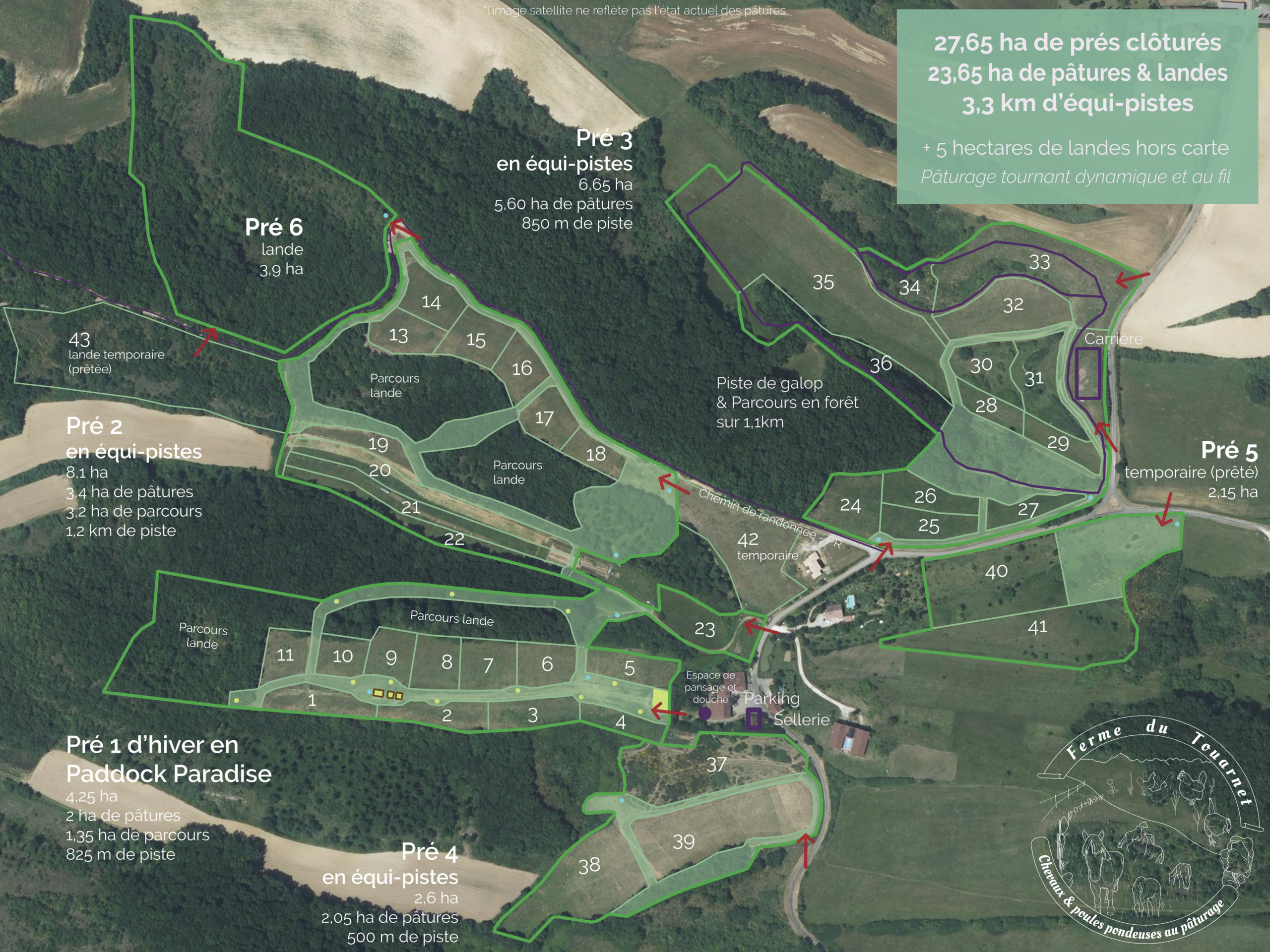 Plan de la ferme du Touarnet sur plus de 25 hectares avec 7 prés et 4 équipistes